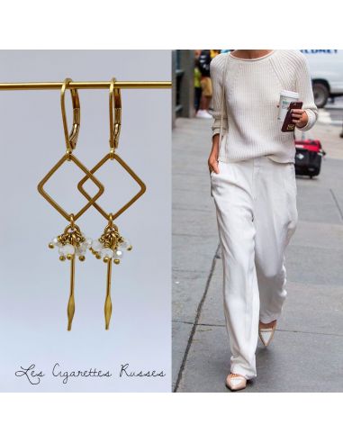 Boucles d'oreille carré et picot laiton  perles blanches nacrées