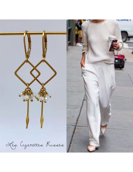 Boucles d'oreille carré et picot laiton  perles blanches nacrées