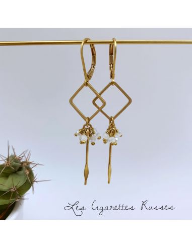 Boucles d'oreille carré et picot laiton  perles blanches nacrées