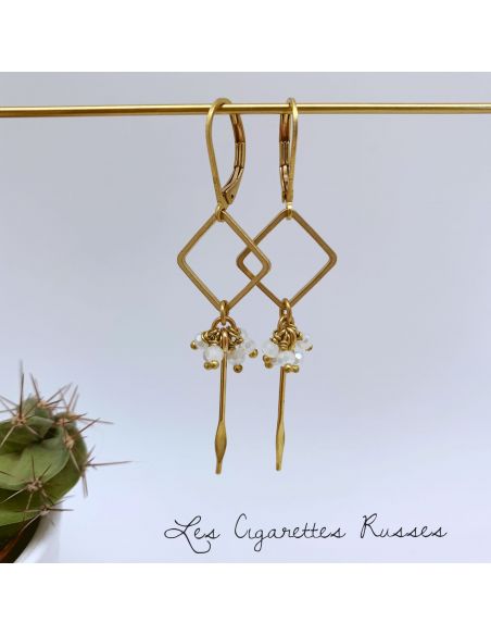Boucles d'oreille carré et picot laiton  perles blanches nacrées