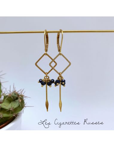 Boucles d'oreille carré et picot laiton  perles bleu foncé