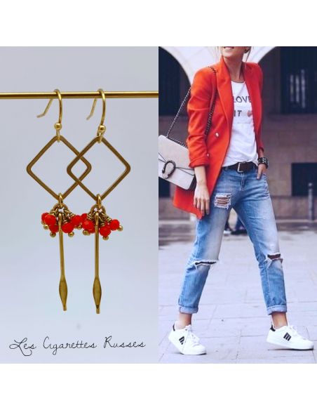 Boucles d'oreille carré et picot laiton  perles orangées