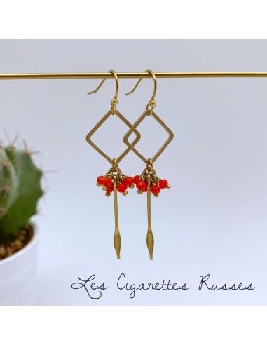 Boucles d'oreille carré et picot laiton  perles orangées