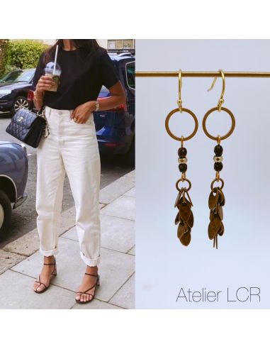 Boucles de verre feuillus et perles teinte brun