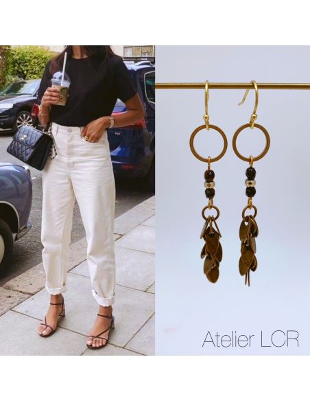 Boucles de verre feuillus et perles teinte brun