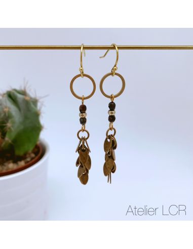 Boucles de verre feuillus et perles teinte brun