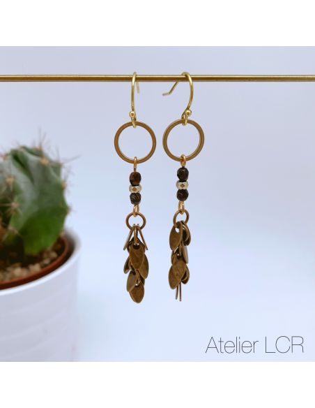 Boucles de verre feuillus et perles teinte brun