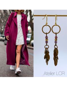 Boucles de verre feuillus et perles teinte brun