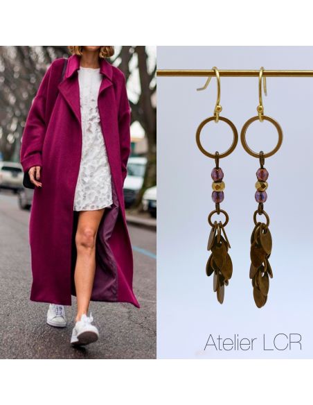 Boucles de verre feuillus et perles teinte brun