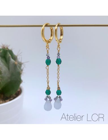 Boucles plaqué or grande goutte rose pâle, vert