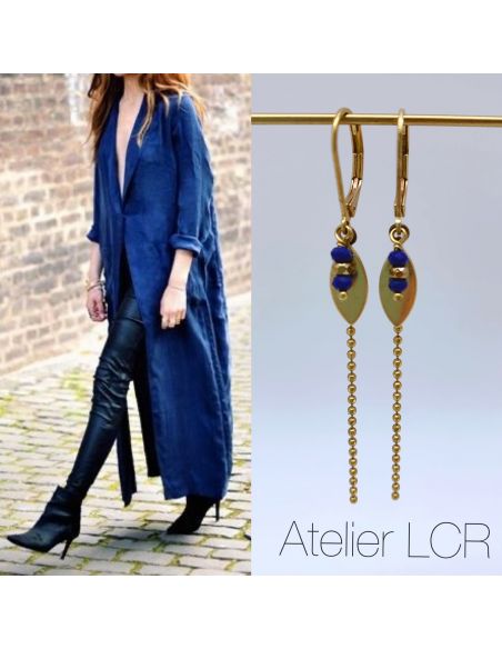 BO feuille  laiton perles bleu roi