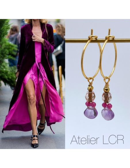 Créoles plaqué or goutte Amethyste, duo Rubylite, vieux rose
