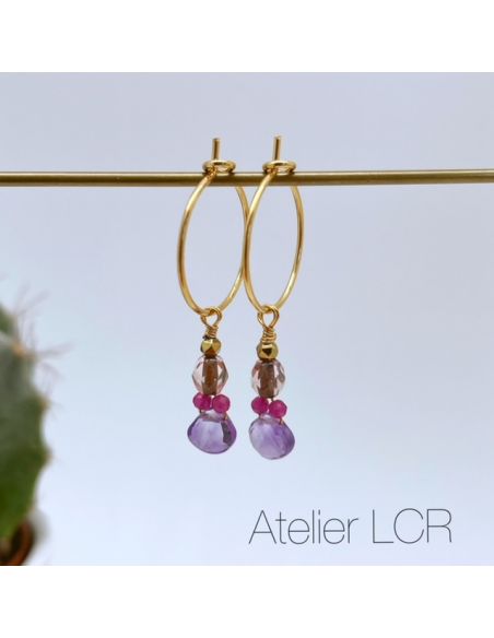 Créoles plaqué or goutte Amethyste, duo Rubylite, vieux rose