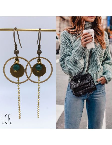 Boucles d'oreille anneau et rondelle laiton perle verte