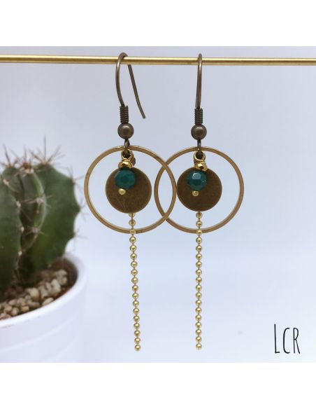 Boucles d'oreille anneau et rondelle laiton perle verte