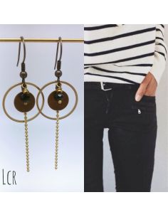 Boucles d'oreille anneau et rondelle laiton perle noire