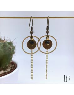 Boucles d'oreille anneau et rondelle laiton perle noire 2