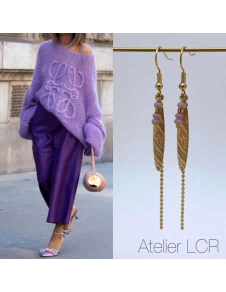 Boucles d'oreille laiton cristal mauve clair et pastille Art Déco