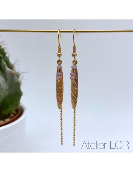 Boucles d'oreille laiton cristal mauve clair et pastille Art Déco