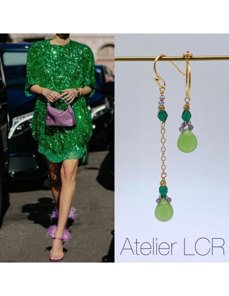 Duo asymétrique plaqué or grande goutte verte, duo mauve, vert