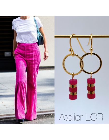 Boucles plaqué or avec anneaux et jade fushia