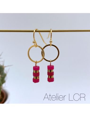 Boucles plaqué or avec anneaux et jade fushia