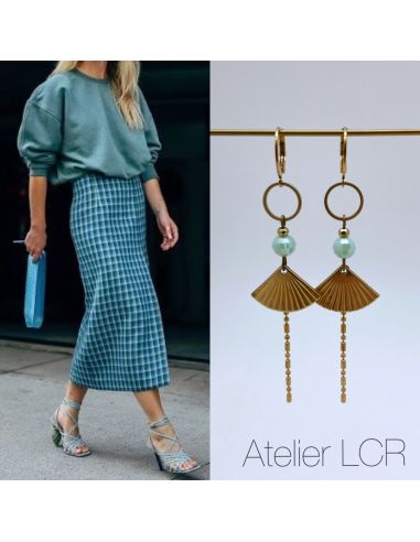 Boucles d'oreille laiton perle vert d'eau,...
