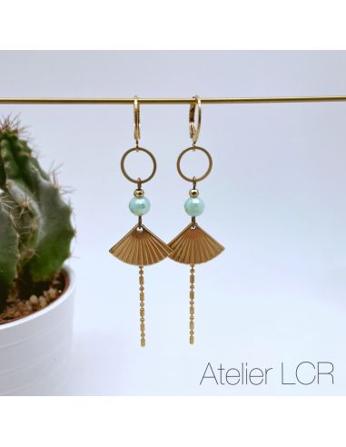 Boucles d'oreille laiton perle vert d'eau,...