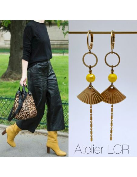 copy of Boucles d'oreille laiton perle jaune, petit éventail chaîne multi