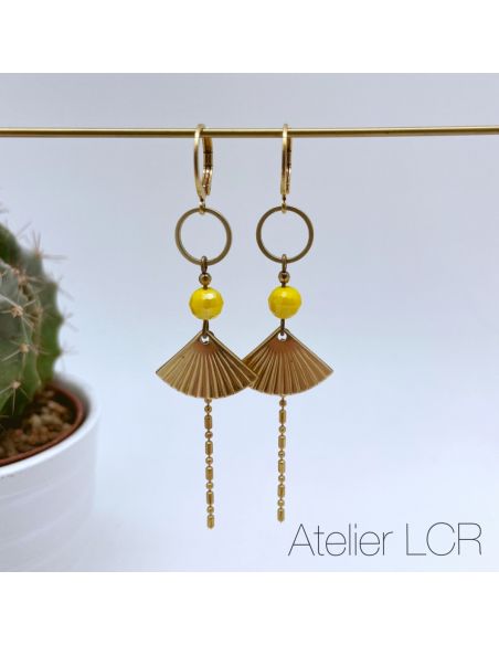 copy of Boucles d'oreille laiton perle jaune, petit éventail chaîne multi
