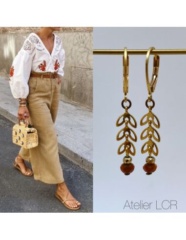 Boucles épis laiton évidé, perle brune