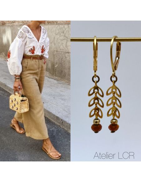Boucles épis laiton évidé, perle brune