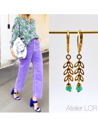Boucles épis laiton évidé, perle vert d'eau