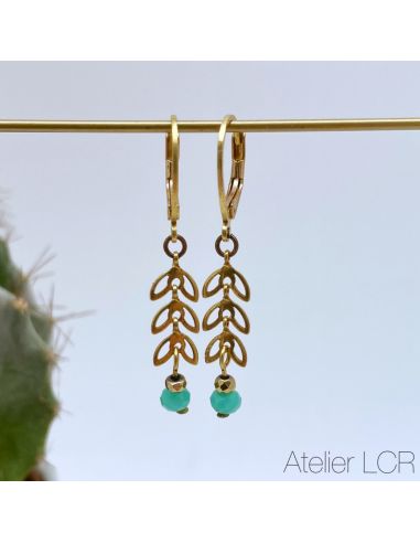 Boucles épis laiton évidé, perle vert d'eau