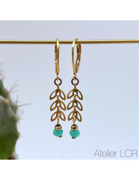 Boucles épis laiton évidé, perle vert d'eau