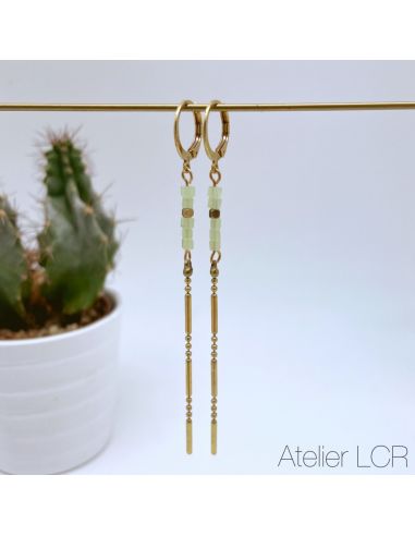 Boucles fine chaîne laiton, perles vert d'eau