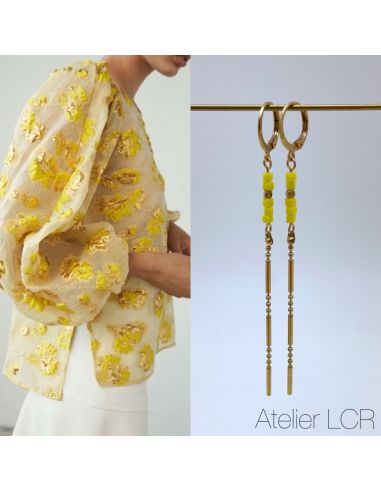 Boucles fine chaîne laiton, perles jaunes