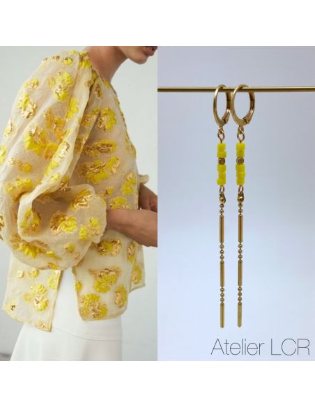 Boucles fine chaîne laiton, perles jaunes