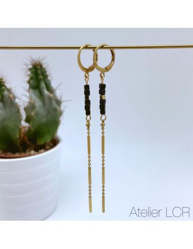 Boucles fine chaîne laiton, perles noires