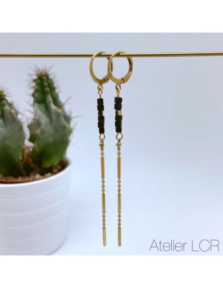 Boucles fine chaîne laiton, perles noires