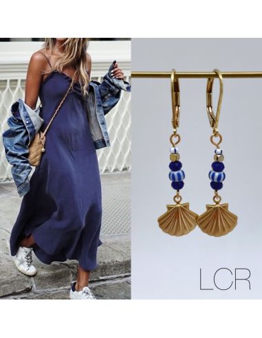 BO coquillage laiton, perles bleues