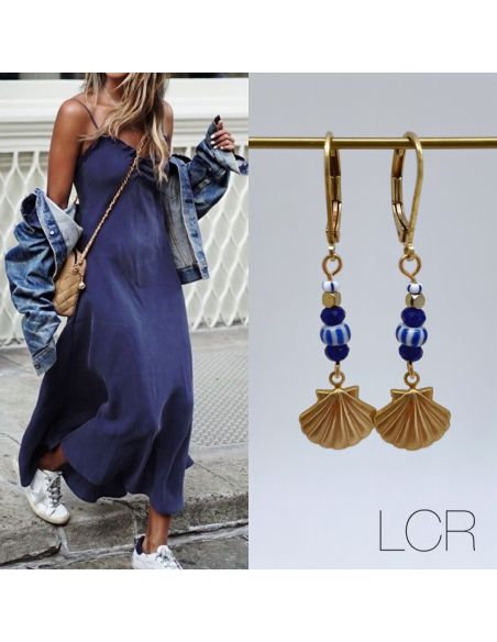 BO coquillage laiton, perles bleues