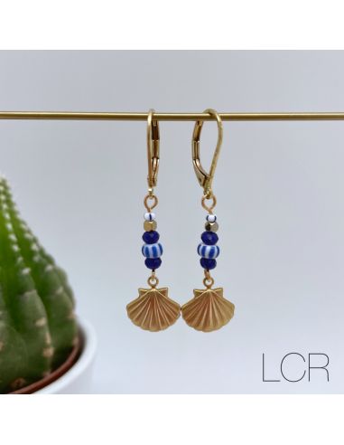 BO coquillage laiton, perles bleues