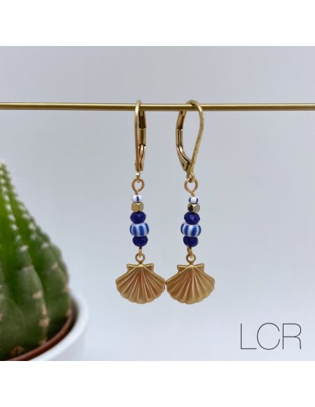 BO coquillage laiton, perles bleues