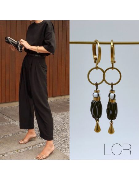 Boucles d'oreille laiton perles africaines noires