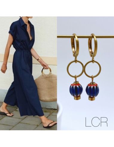 Boucles d'oreille laiton perles africaines bleues