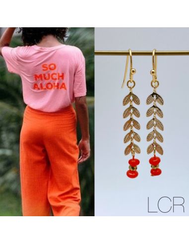 Boucles d'oreille longs épis dorés Jade orangé