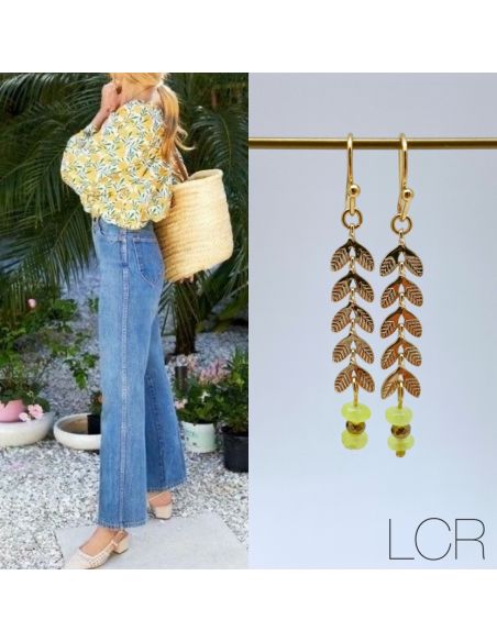Boucles d'oreille longs épis dorés Jade jaune