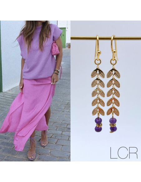 Boucles d'oreille longs épis dorés Jade mauve