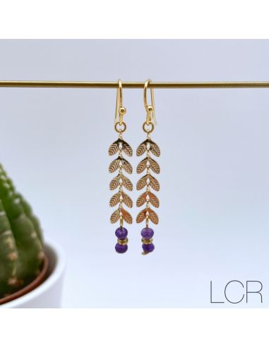 Boucles d'oreille longs épis dorés Jade mauve